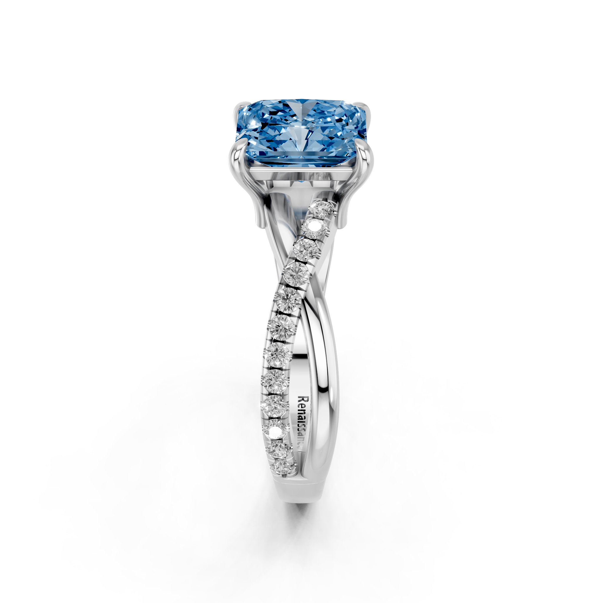 White gold Fancy Blue Radiant  Cut Diamond Twist Band Solitaire with Prong Setting_4