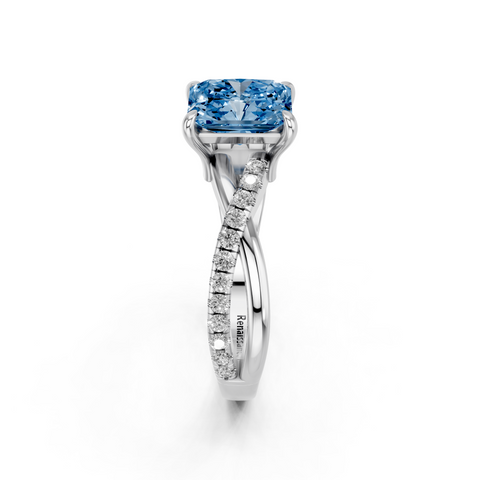 White gold Fancy Blue Radiant  Cut Diamond Twist Band Solitaire with Prong Setting_4
