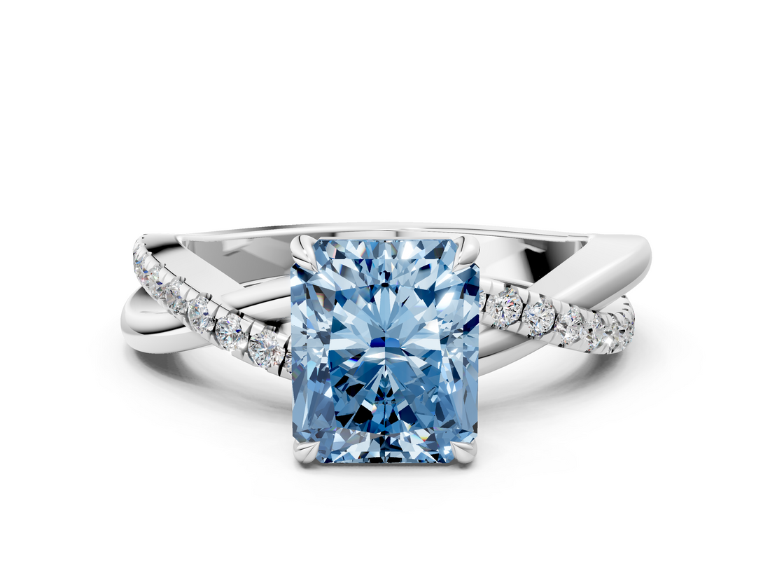White gold Fancy Blue Radiant  Cut Diamond Twisted Band with Pavé Setting and Four-Prong Setting_20