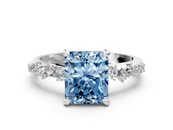 White gold Fancy Blue Radiant  Cut Diamond Vine Band with Four-Prong Setting