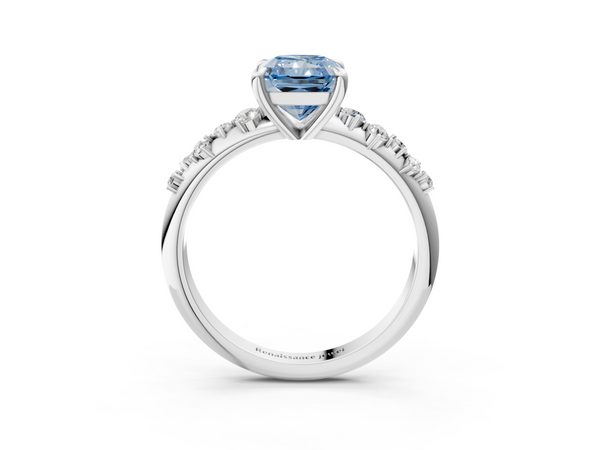 White gold Fancy Blue Radiant  Cut Diamond Vine Band with Four-Prong Setting