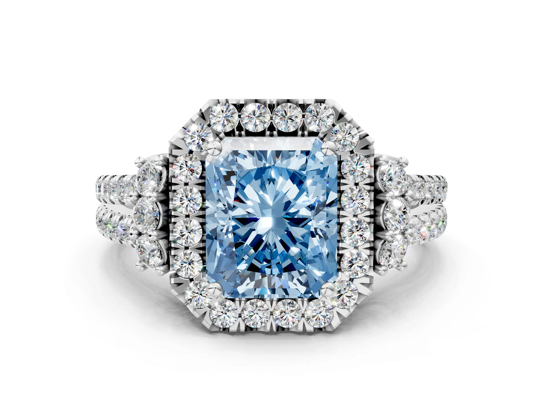 White gold Fancy Blue Radiant  Cut Double Halo Diamond Engagement Ring with Pave Band and Four-Prong Setting_111