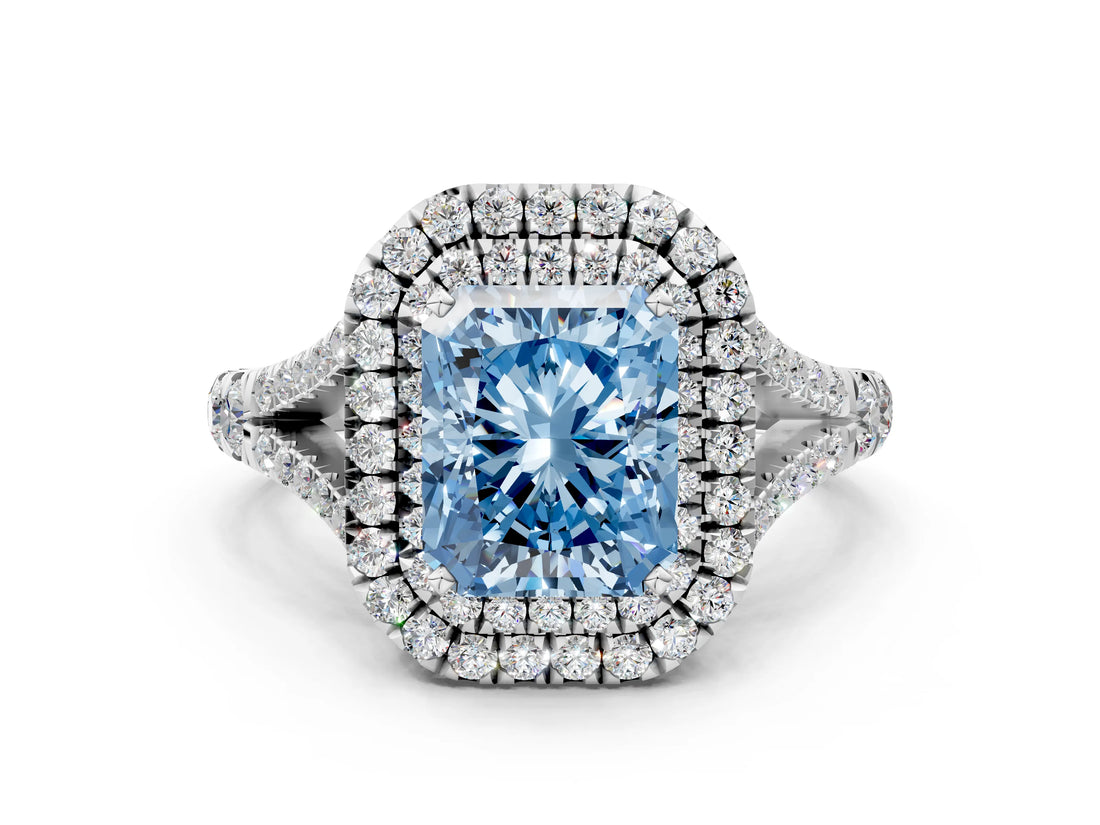 White gold Fancy Blue Radiant  Cut Double Halo Split Shank Diamond Ring with Prong Setting_50