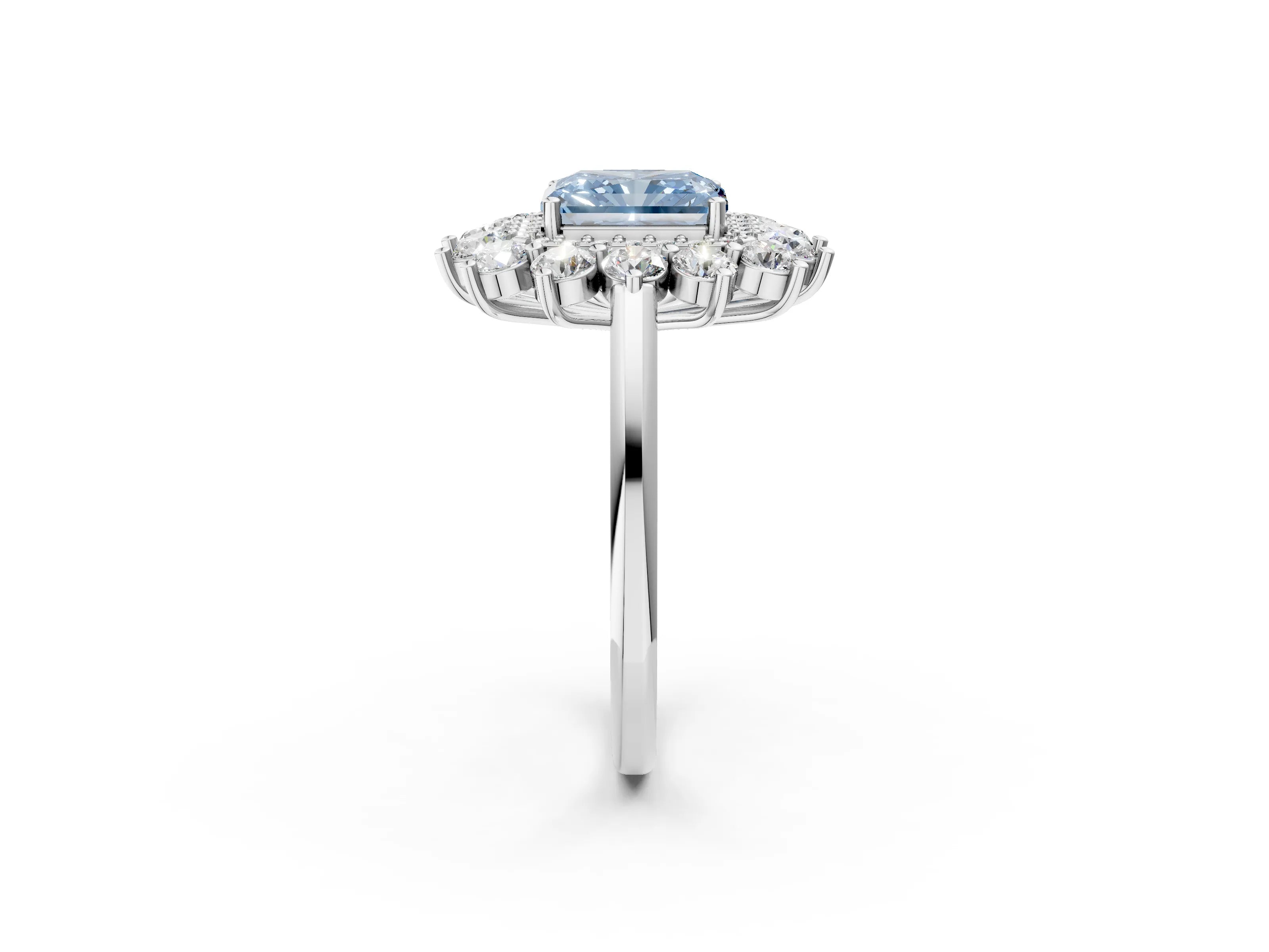 White gold Fancy Blue Radiant Cut Halo Cluster Diamond Ring with Pave Band and Four-Prong Setting_14