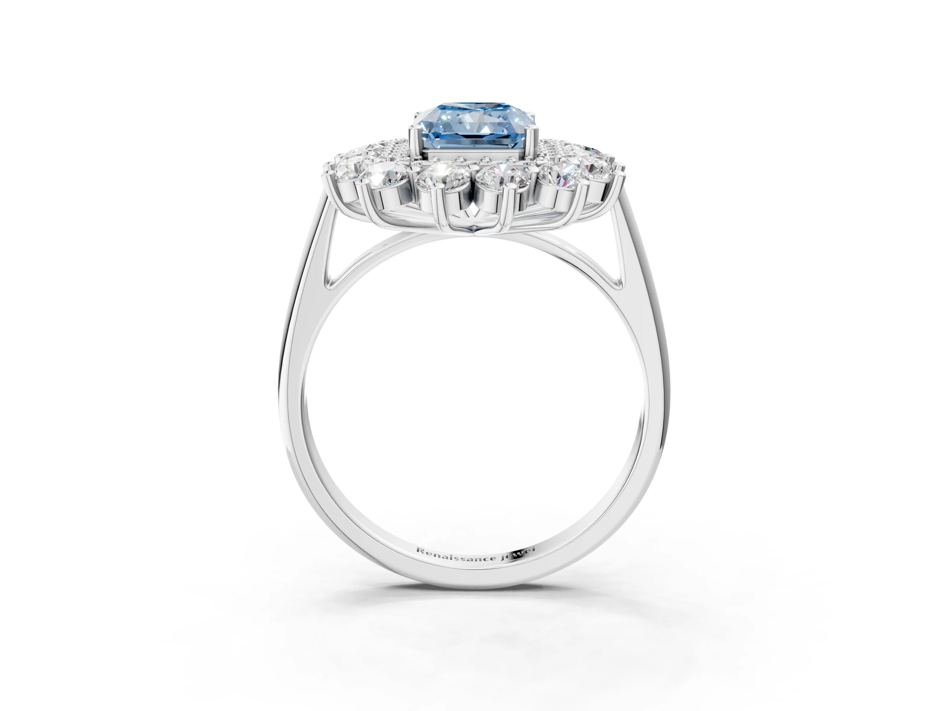 White gold Fancy Blue Radiant Cut Halo Cluster Diamond Ring with Pave Band and Four-Prong Setting_15