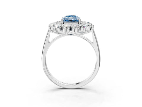 White gold Fancy Blue Radiant Cut Halo Cluster Diamond Ring with Pave Band and Four-Prong Setting_15