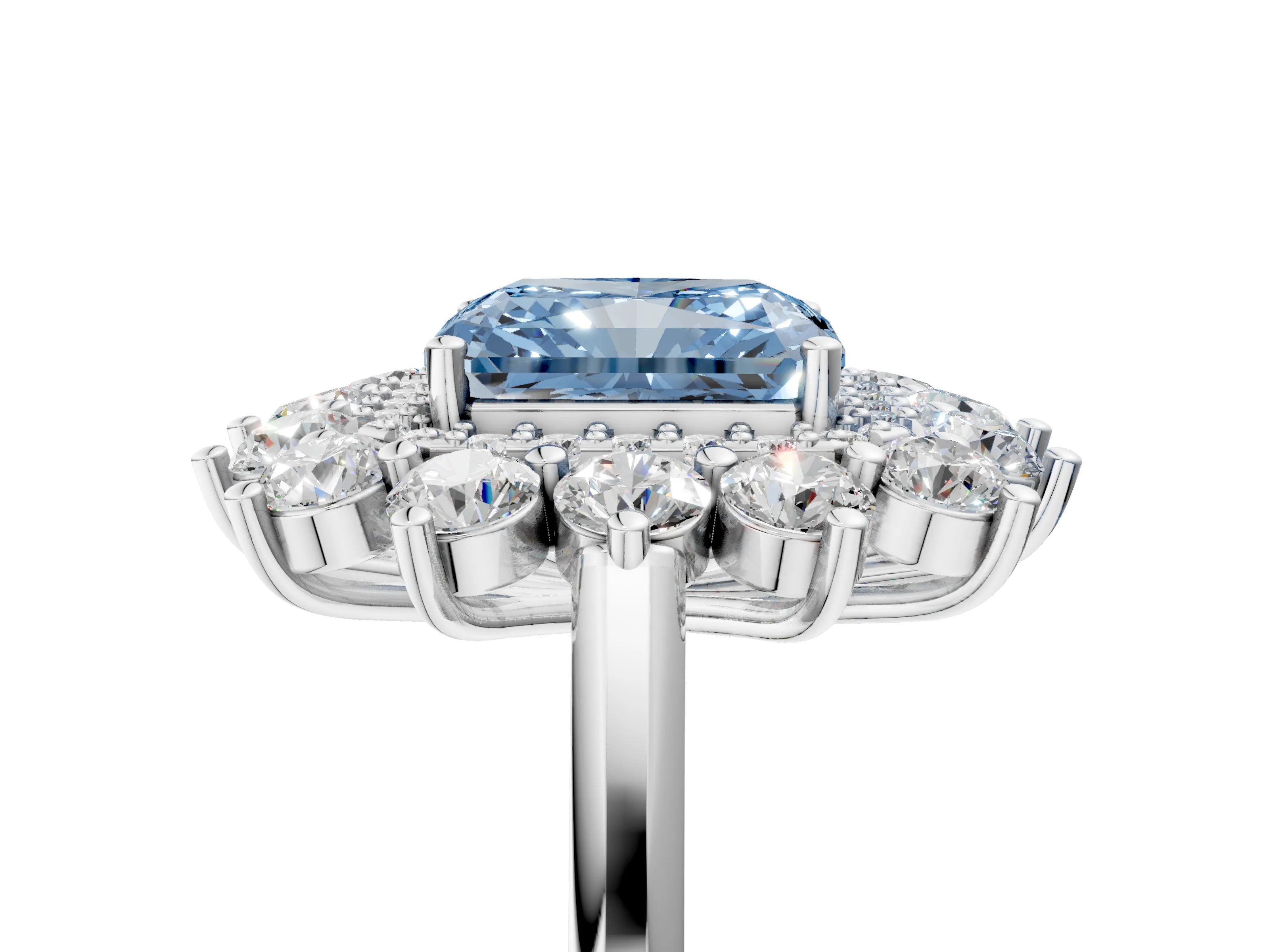 White gold Fancy Blue Radiant Cut Halo Cluster Diamond Ring with Pave Band and Four-Prong Setting_17