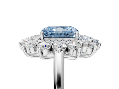 White gold Fancy Blue Radiant Cut Halo Cluster Diamond Ring with Pave Band and Four-Prong Setting_17