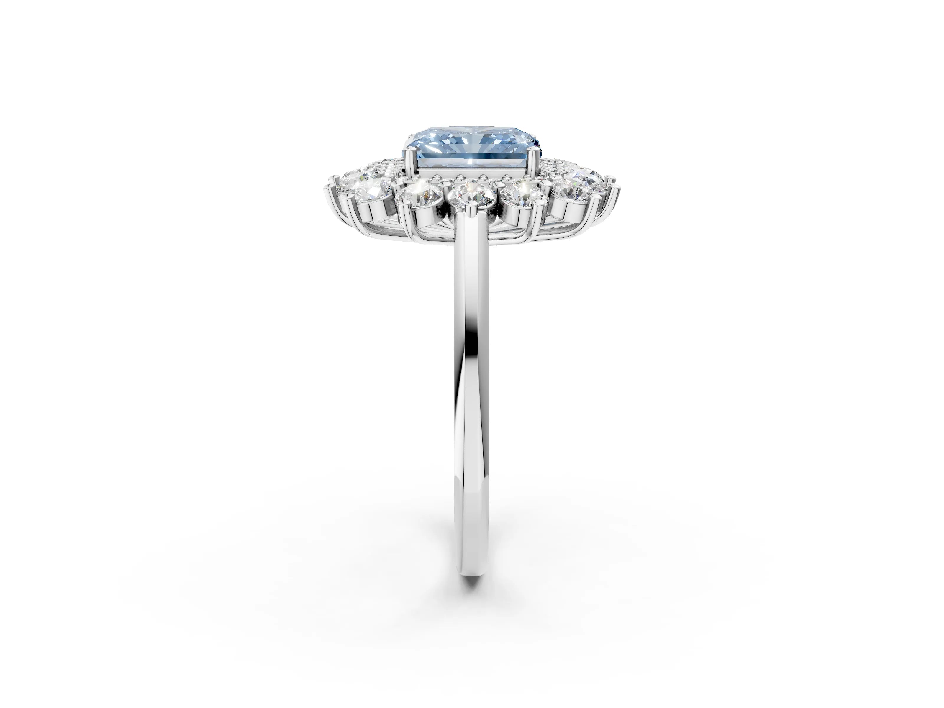 White gold Fancy Blue Radiant Cut Halo Cluster Diamond Ring with Pave Band and Four-Prong Setting_2