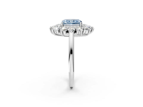 White gold Fancy Blue Radiant Cut Halo Cluster Diamond Ring with Pave Band and Four-Prong Setting_2