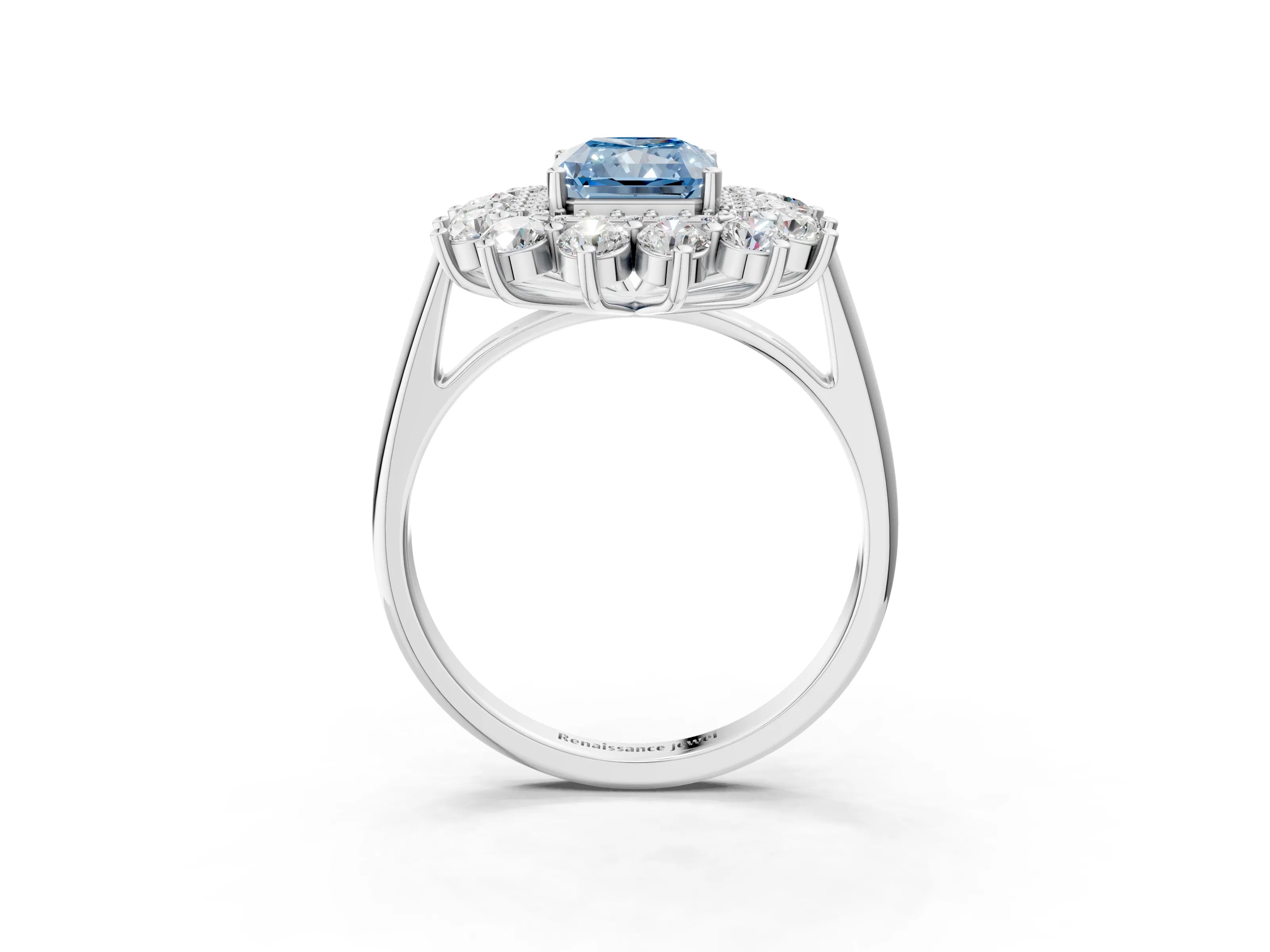 White gold Fancy Blue Radiant Cut Halo Cluster Diamond Ring with Pave Band and Four-Prong Setting_3