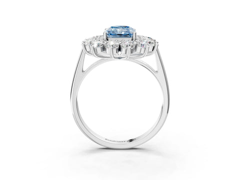 White gold Fancy Blue Radiant Cut Halo Cluster Diamond Ring with Pave Band and Four-Prong Setting_3