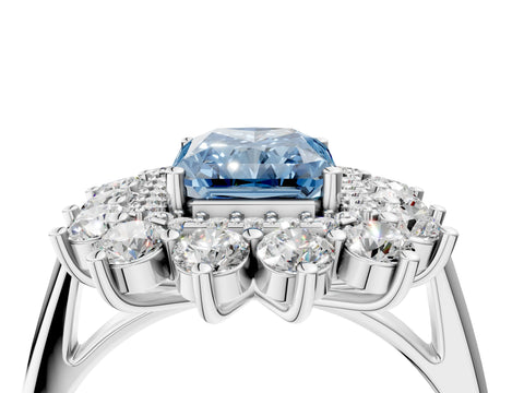 White gold Fancy Blue Radiant Cut Halo Cluster Diamond Ring with Pave Band and Four-Prong Setting_4
