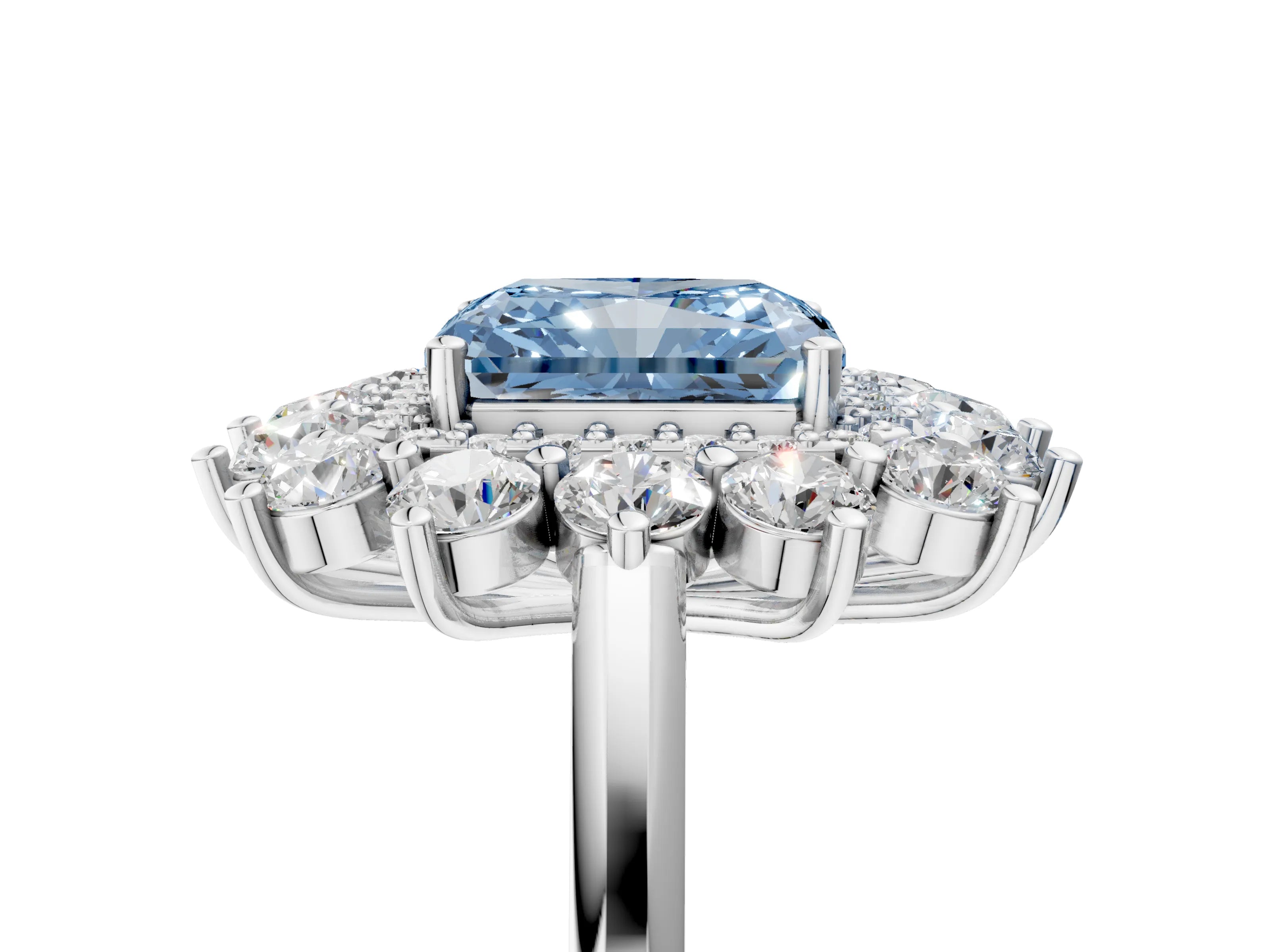White gold Fancy Blue Radiant Cut Halo Cluster Diamond Ring with Pave Band and Four-Prong Setting_5