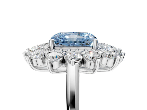White gold Fancy Blue Radiant Cut Halo Cluster Diamond Ring with Pave Band and Four-Prong Setting_5