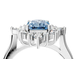 White gold Fancy Blue Radiant Cut Halo Diamond Cluster Ring with Marquise and Round Stones on a White Gold Band with Prong Setting_4