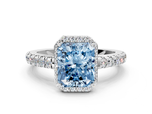 White gold Fancy Blue Radiant  Cut Halo Diamond Engagement Ring with Pave Band and Four-Prong Setting