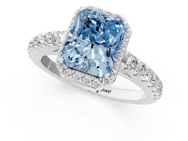 White gold Fancy Blue Radiant  Cut Halo Diamond Engagement Ring with Pave Band and Four-Prong Setting