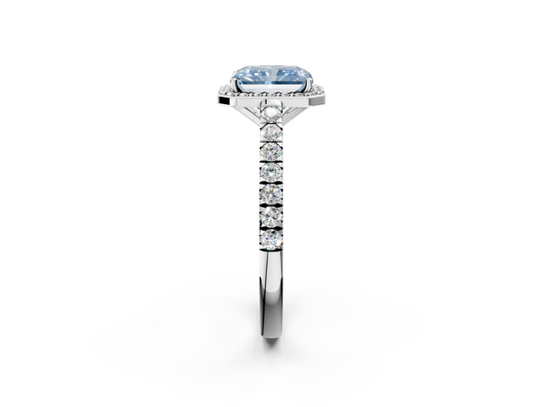 White gold Fancy Blue Radiant  Cut Halo Diamond Engagement Ring with Pave Band and Four-Prong Setting
