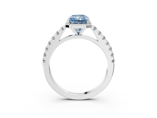 White gold Fancy Blue Radiant  Cut Halo Diamond Engagement Ring with Pave Band and Four-Prong Setting