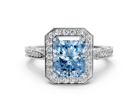 White gold Fancy Blue Radiant Cut Halo Diamond Engagement Ring with Split Shank Band and Four-Prong Setting_12
