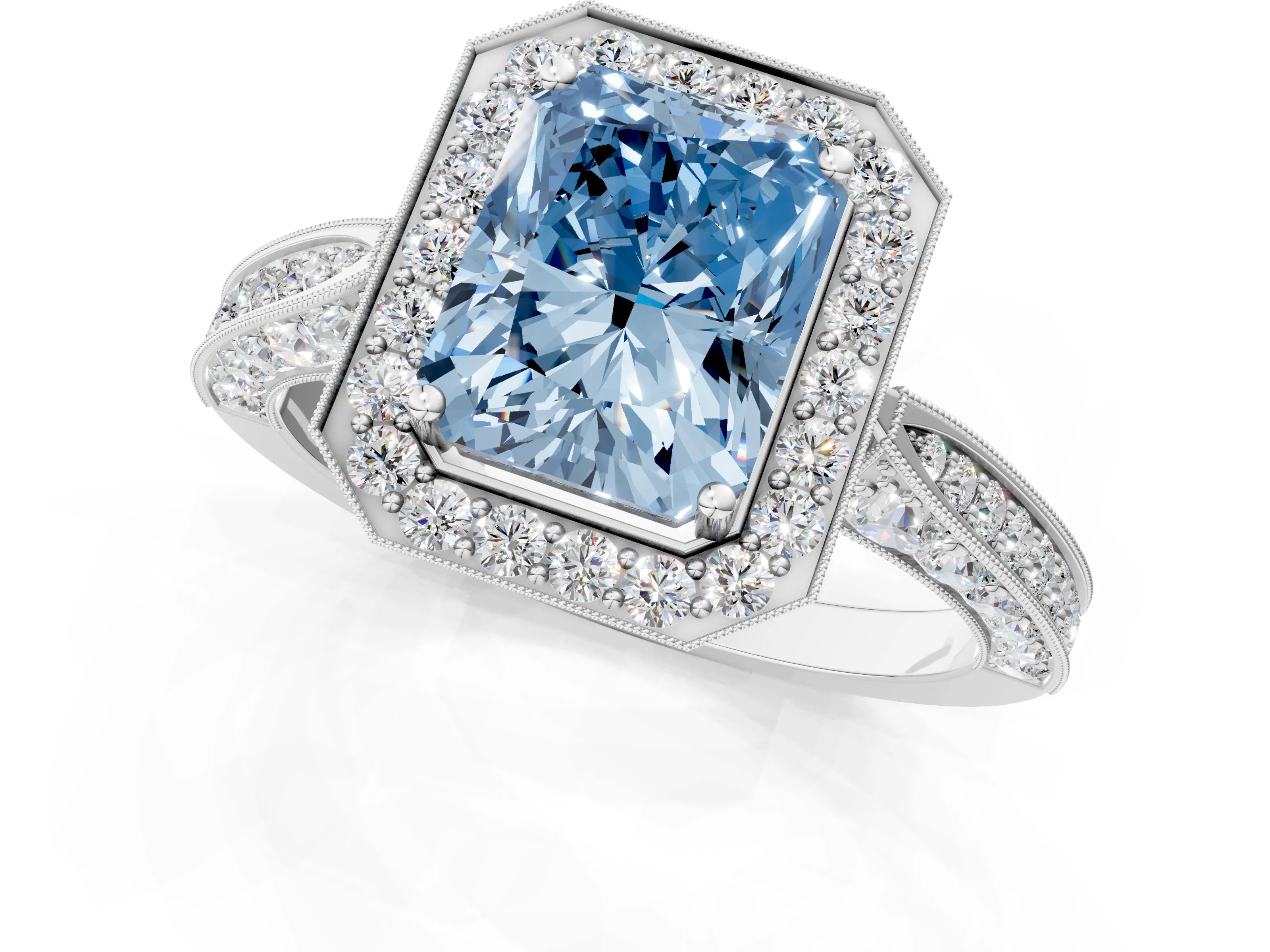 White gold Fancy Blue Radiant Cut Halo Diamond Engagement Ring with Split Shank Band and Four-Prong Setting_13