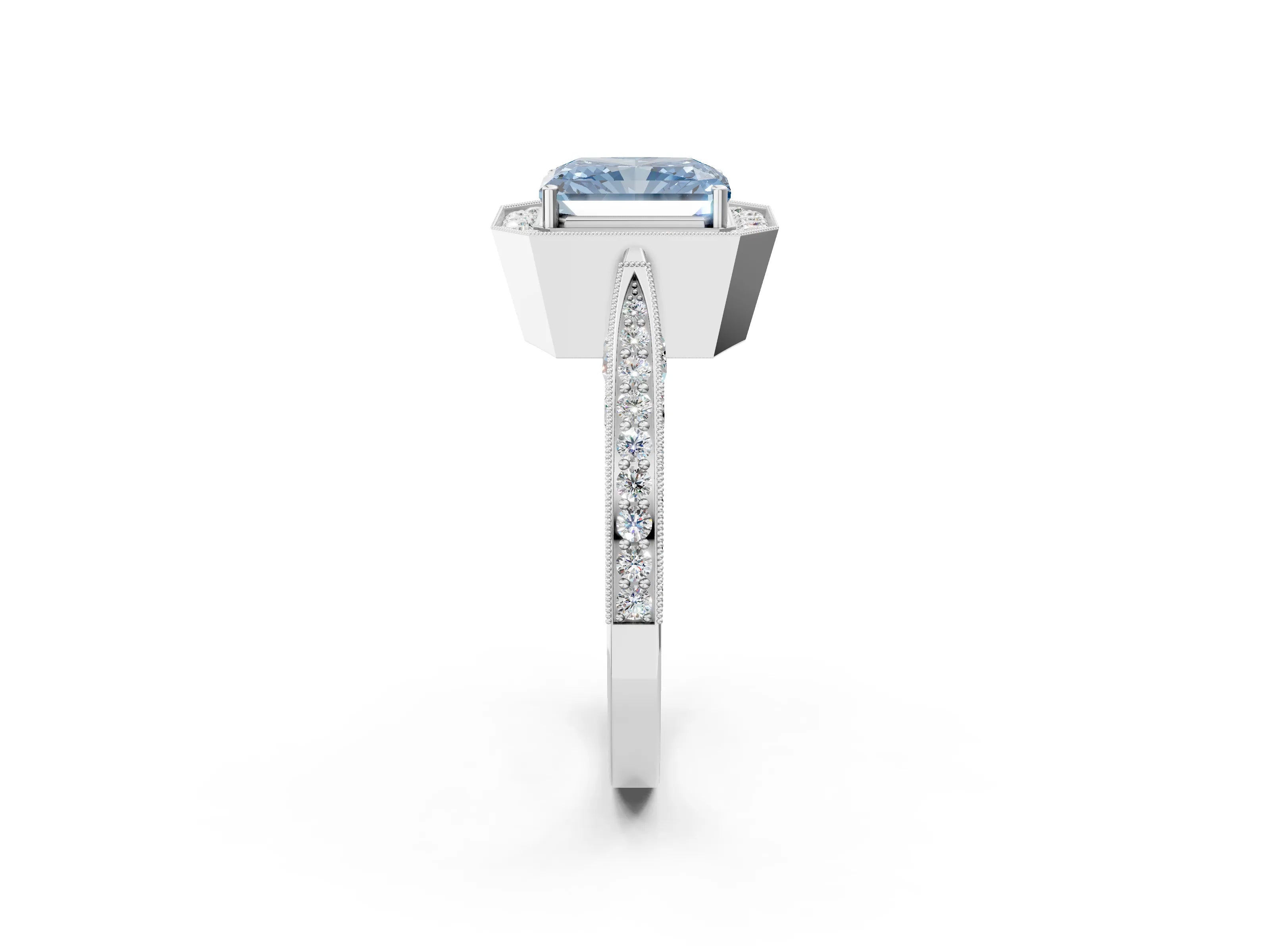 White gold Fancy Blue Radiant Cut Halo Diamond Engagement Ring with Split Shank Band and Four-Prong Setting_14