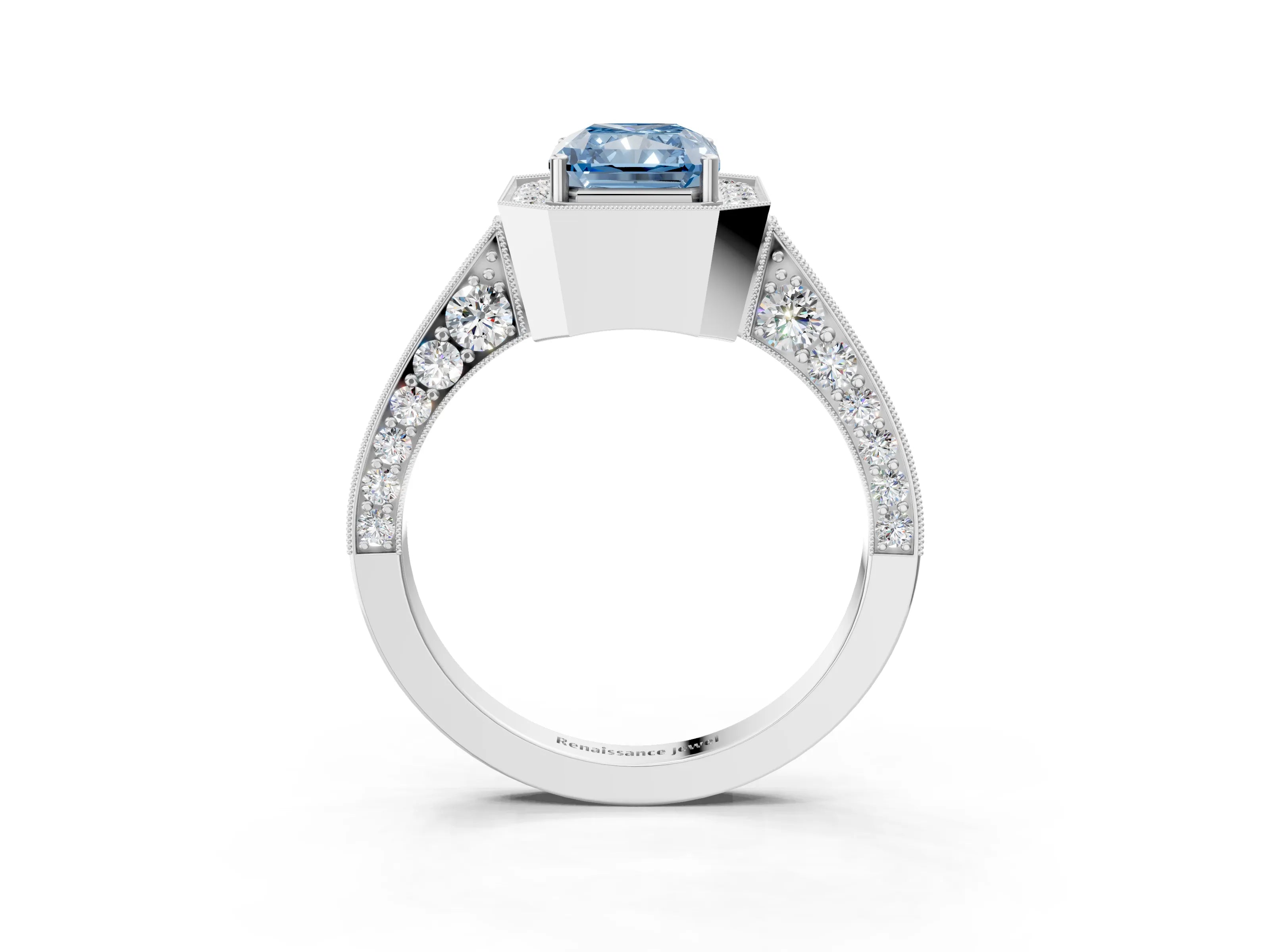 White gold Fancy Blue Radiant Cut Halo Diamond Engagement Ring with Split Shank Band and Four-Prong Setting_15