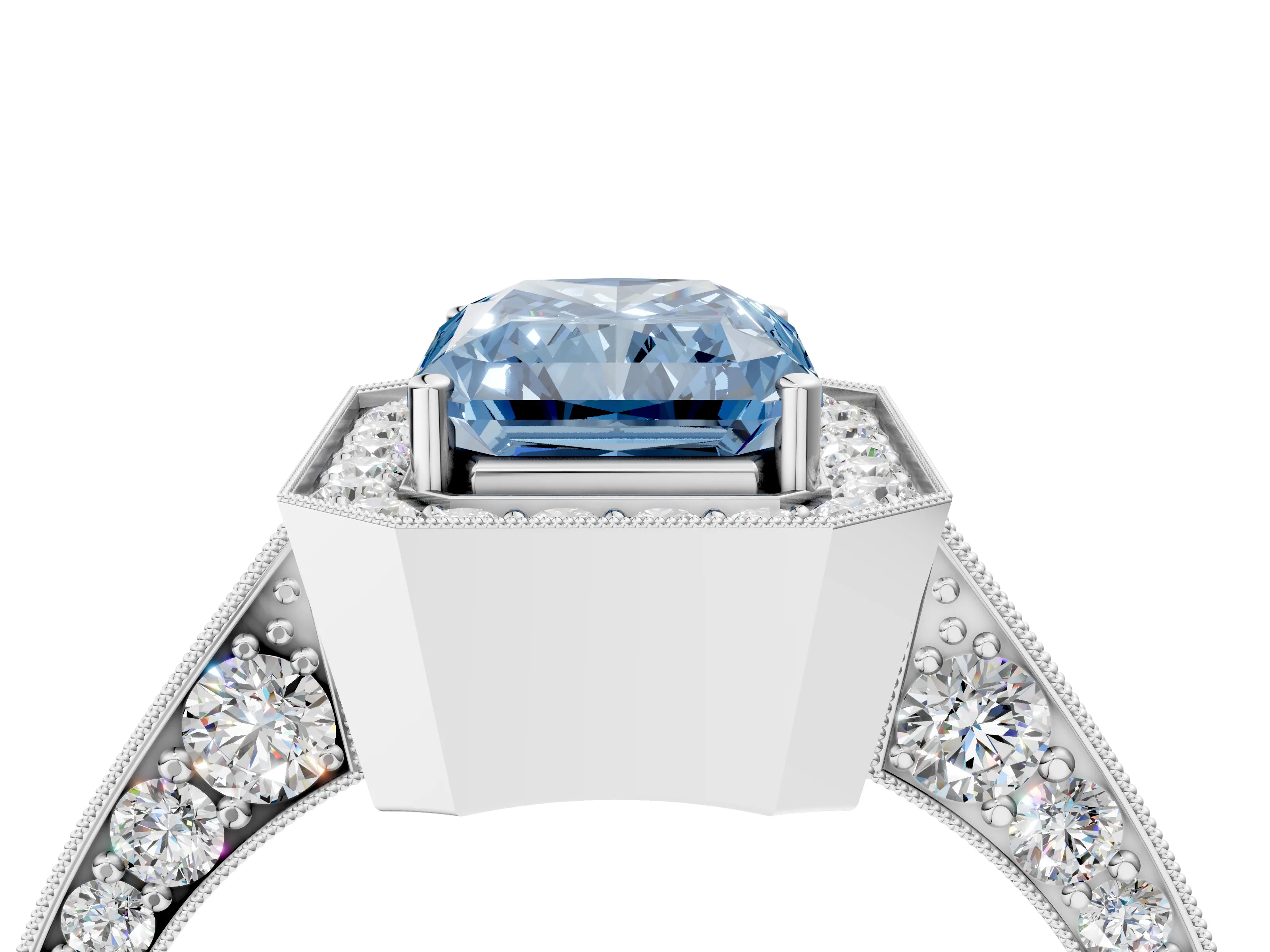 White gold Fancy Blue Radiant Cut Halo Diamond Engagement Ring with Split Shank Band and Four-Prong Setting_16