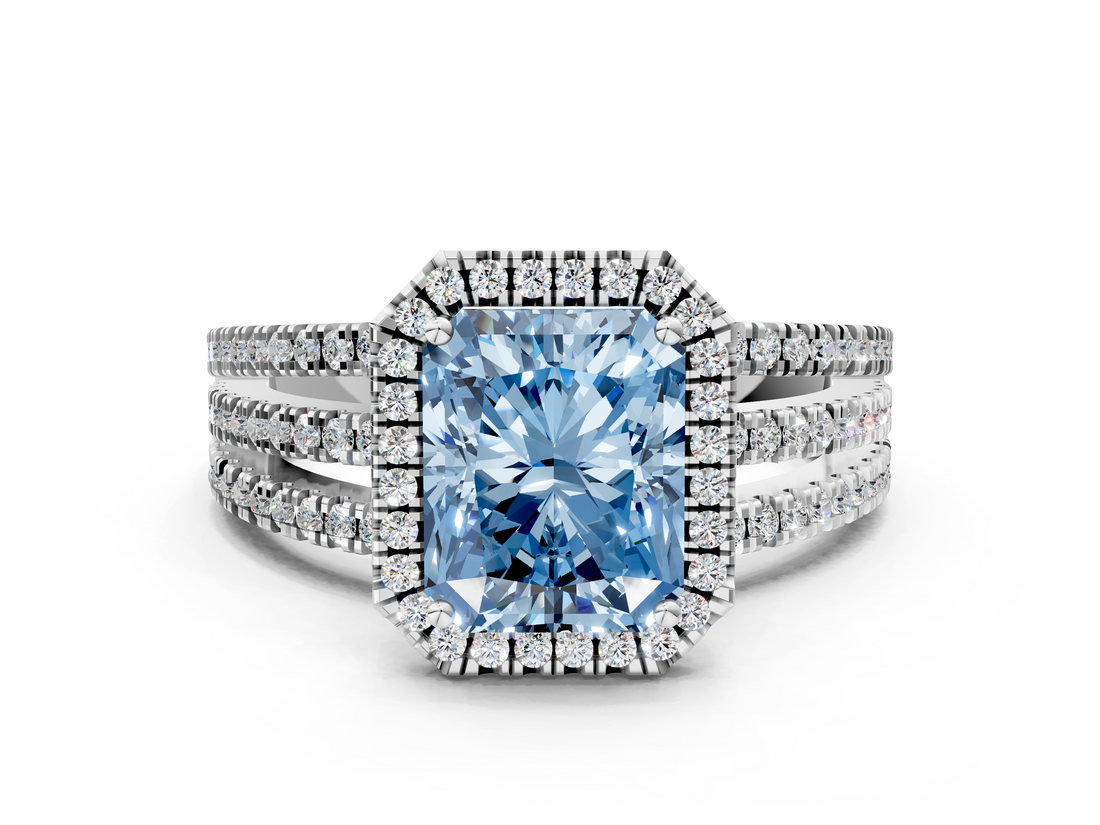 White gold Fancy Blue Radiant  Cut Halo Diamond Engagement Ring with Split Shank and Four-Prong Setting_20