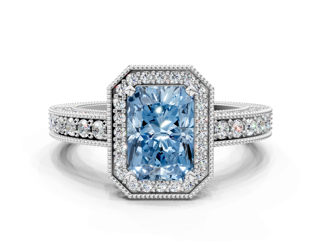 White gold Fancy Blue Radiant  Cut Halo Diamond Pave Band Ring with Four-Prong Setting_54
