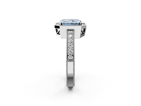 White gold Fancy Blue Radiant  Cut Halo Diamond Pave Band Ring with Four-Prong Setting