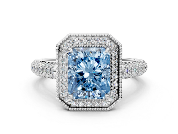 Platinum Fancy Blue Radiant  Cut Halo Diamond Pave Band with Four-Prong Setting
