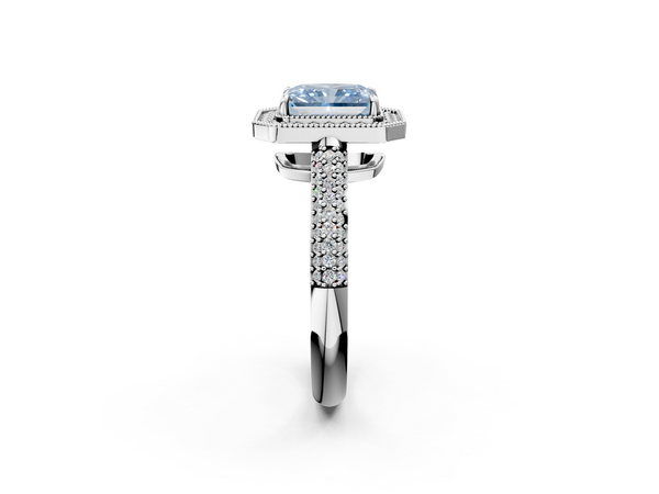 Platinum Fancy Blue Radiant  Cut Halo Diamond Pave Band with Four-Prong Setting