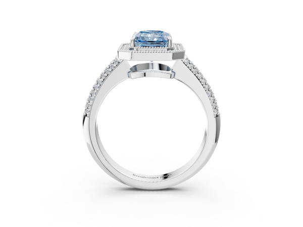 Platinum Fancy Blue Radiant  Cut Halo Diamond Pave Band with Four-Prong Setting