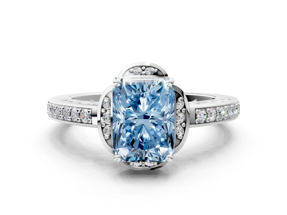 White gold Fancy Blue Radiant  Cut Halo Diamond Ring with Channel Set Band and Four-Prong Setting_32