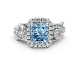 White gold Fancy Blue Radiant Cut Halo Diamond Ring with Milgrain and Bezel Accents on a Split Shank Band_12