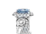 White gold Fancy Blue Radiant Cut Halo Diamond Ring with Milgrain and Bezel Accents on a Split Shank Band_17