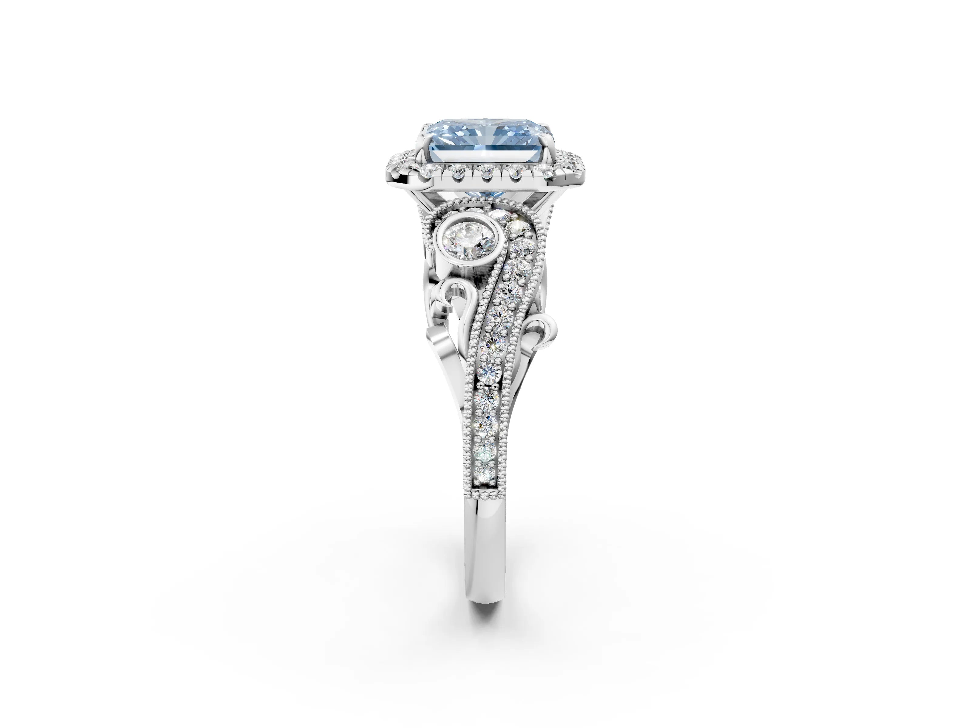 White gold Fancy Blue Radiant Cut Halo Diamond Ring with Milgrain and Bezel Accents on a Split Shank Band_2