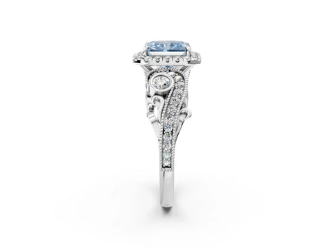 White gold Fancy Blue Radiant Cut Halo Diamond Ring with Milgrain and Bezel Accents on a Split Shank Band_2