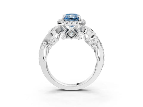 White gold Fancy Blue Radiant Cut Halo Diamond Ring with Milgrain and Bezel Accents on a Split Shank Band_3