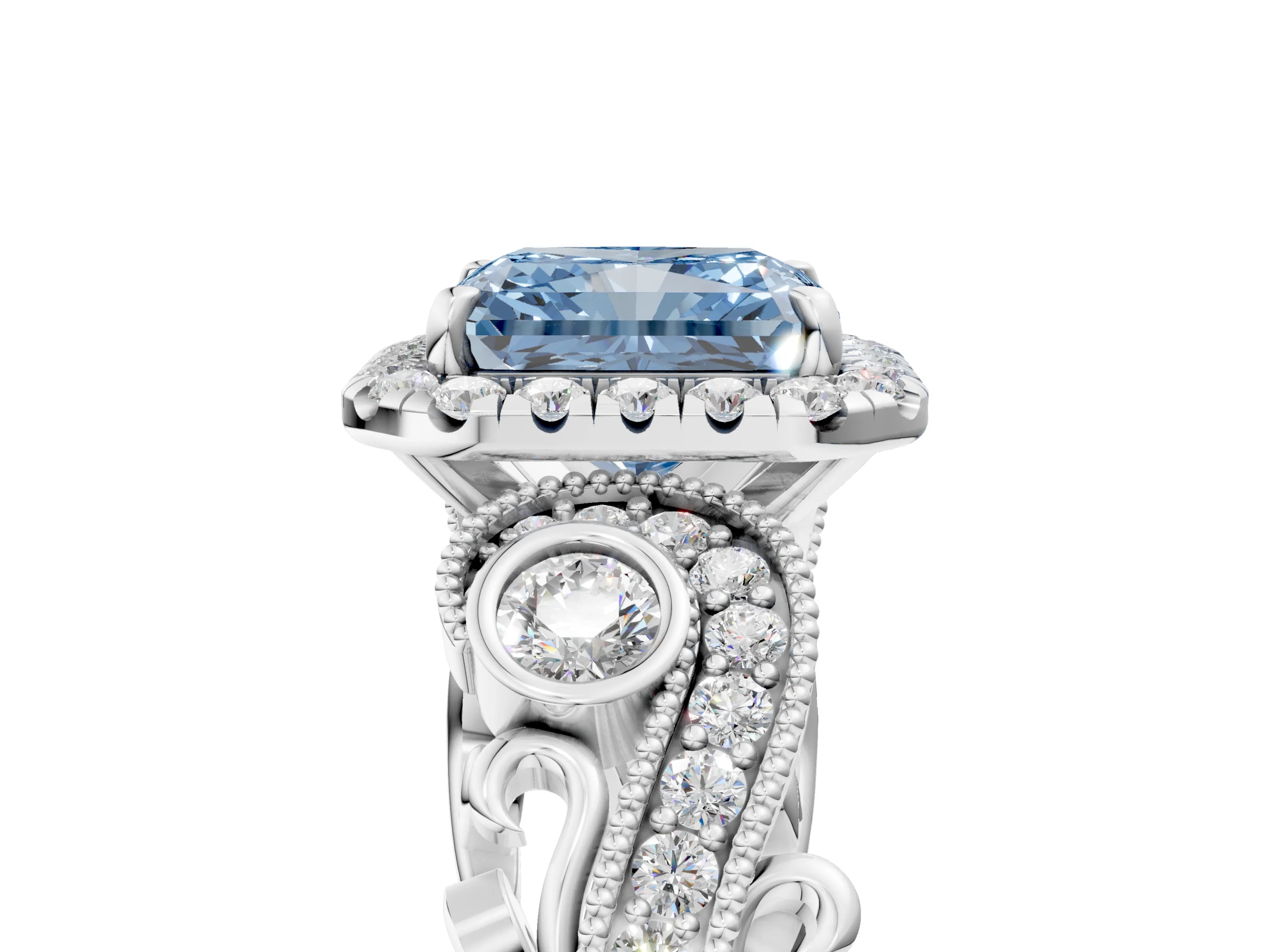 White gold Fancy Blue Radiant Cut Halo Diamond Ring with Milgrain and Bezel Accents on a Split Shank Band_5