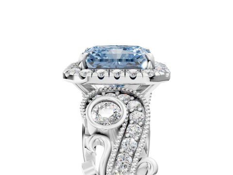 White gold Fancy Blue Radiant Cut Halo Diamond Ring with Milgrain and Bezel Accents on a Split Shank Band_5