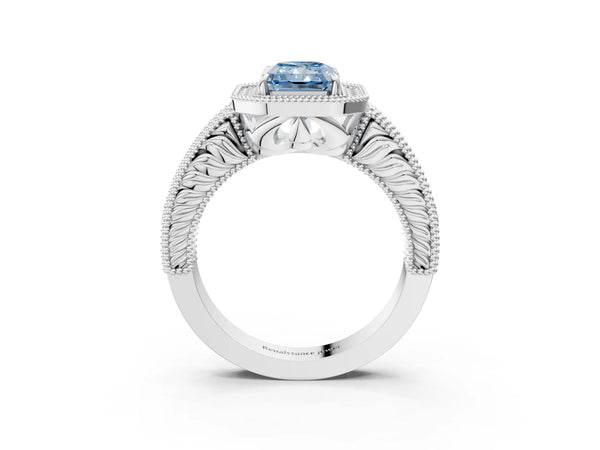 Platinum Fancy Blue Radiant  Cut Halo Diamond Ring with Pavé Band and Four-Prong Setting