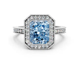 White gold Fancy Blue Radiant  Cut Halo Diamond Ring with Pavé Band and Milgrain Prong Setting_31