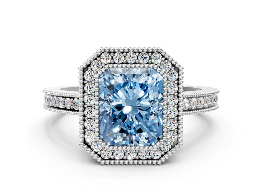 White gold Fancy Blue Radiant  Cut Halo Diamond Ring with Pavé Band and Milgrain Prong Setting_32
