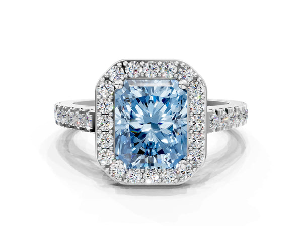 Platinum Fancy Blue Radiant Cut Halo Diamond Ring with Pavé Band and Three-Prong Setting