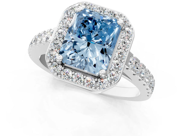 Platinum Fancy Blue Radiant Cut Halo Diamond Ring with Pavé Band and Three-Prong Setting