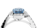 White gold Fancy Blue Radiant Cut Halo Diamond Ring with Pavé Band and Three-Prong Setting_16