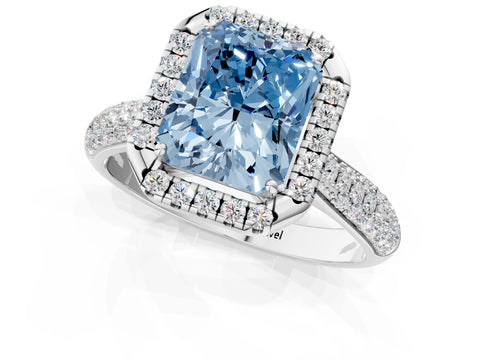 White gold Fancy Blue Radiant Cut Halo Diamond Ring with Pavé Band_1